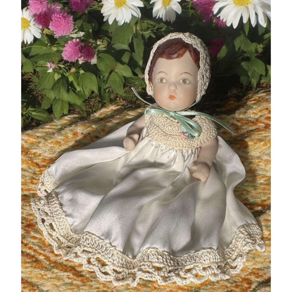Vintage bisque 5.5” jointed baby doll with Crochet Outfit Kewpie Mini Doll